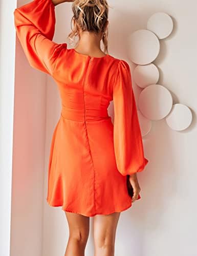 Women's Dress Satin Deep V-Neck Long Sleeve Mini Dress Silk Lantern Sleeve A-Line Front Cut Out Dresses