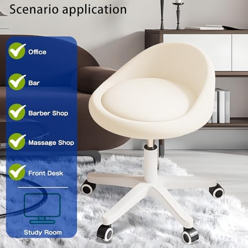 Rolling Stool – Ergonomic Swivel Seat, Adjustable Height, Ultra-Quiet Wheels, Padded PU Leather Cushion, for Salon, Office, Massage & Medical Use Beige