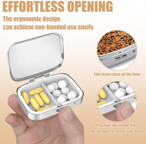 Pill Box-2 Compartment Small Pill Case Square Organizer Case with Mirror Portable Metal Medicine Box Travel Container for Pocket & Purse Women Men(Brown Leopard)