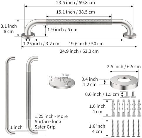 Satin Brushed Nickel Shower Grab Bars 24 Inch w/Anti-Slip knurled Grip, iMomwee Stainless Steel Wall Mount Bathroom Safety Balance Handrail, Handicap Elderly Senior Assist Textured Grab Bar Handle