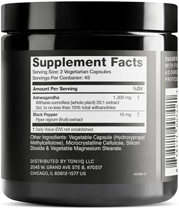 Toniiq Ashwagandha - Ultra High Potency 20:1 Extract with 10% Withanolides - Wild Harvested in India - Highly Concentrated - Third-Party Lab Tested - 90 Capsules