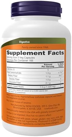 NOW Foods Supplements, Psyllium Husk Caps 500 mg, Non-GMO Project Verified, Natural Soluble Fiber, Intestinal Health*, 500 Veg Capsules