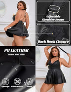 ohyeah Faux Leather Lingerie Set for Women Plus Size PU Lingerie V Neck Backless Babydoll Chemise Mini Lingerie Dress