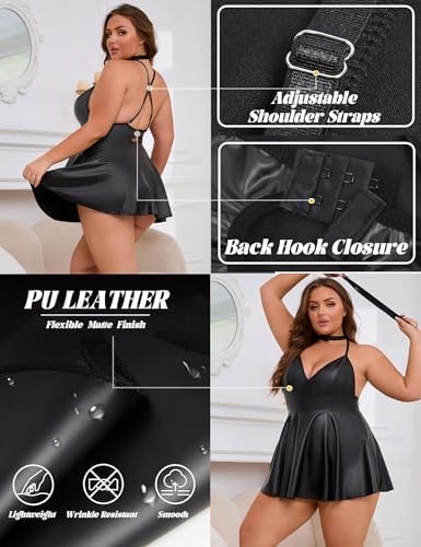 ohyeah Faux Leather Lingerie Set for Women Plus Size PU Lingerie V Neck Backless Babydoll Chemise Mini Lingerie Dress