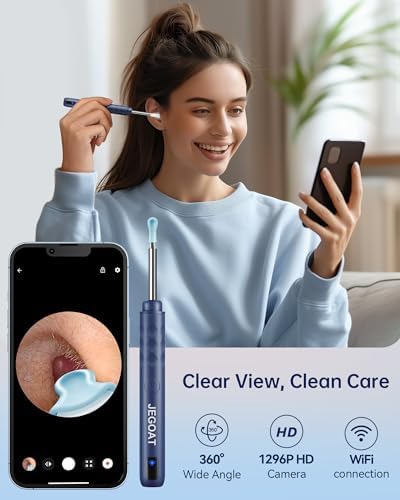 Ear Wax Removal, Ear Wax Removal Tool Camera with 1296P HD Camera and 6 LED Lights, Ear Cleaner with 10 Ear Pick, Upgraded Ear Wax Removal Kit for iOS and Android, Navy Blue