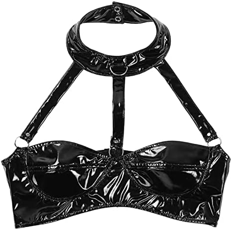 Women's Faux Leather Half Cup Shiny Bra Halter Neck Lingerie Wet Look Choker Crop Top PVC Latex Clubwear Corset Bra S