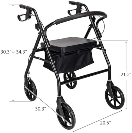 Folding Rollator Walker Steel Rolling Walker with All Terrain Large 8-inch Wheels and Seat Height Adjustable Aluminum Lightweight Foldable Walker Supports up to 286 lbs for Seniors, Rolling Wal