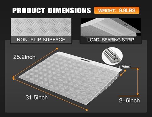 Aluminum Threshold Ramp for Doorways, 2-4" Rise Recommended (Max 6"), Portable Wheelchair Ramp for Home Steps, 550lbs Capacity Non-Slip Metal Handicap Ramp for Scooters, Walkers, Shed & Curbs 31"x25"