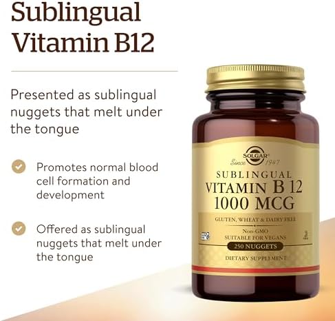 Solgar Vitamin B12 1000 mcg, 250 Nuggets - Supports Production of Energy, Red Blood Cells - Healthy Nervous System - Promotes Cardiovascular Health - Vitamin B - Non-GMO, Gluten Free - 250 Servings