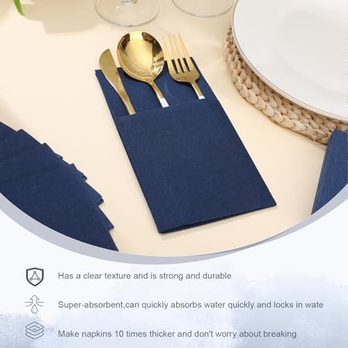 Qilery 50 Pcs Navy Blue Paper Linen Napkins with Built in Flatware Pocket Disposable Airlaid Paper Prefolded Dinner Napkins for Silverware Valentine Wedding Party Christmas Day (Classic)