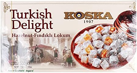 Koska Turkish Delight with Hazelnut, 17.64 oz 1.10 Ibs 500 gr Traditional Turkish Lokum by Koska | Vegan, Kosher and Halal Certified