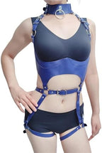 Women Leather Harness Sets Sexy Lingerie Body Bondage Straps Chest Harness Garter Belts Full Body Blue Gothic Suspenders