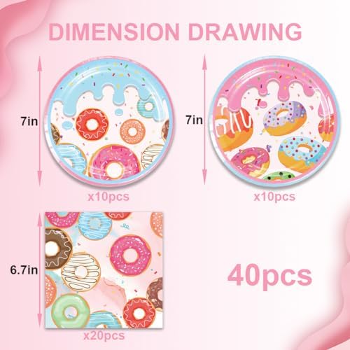 40Pcs Donut Plates and Napkins Birthday Party Decorations for 20 Guests - Donut First Birthday Tableware Set for Sweet One Donut Party Favors