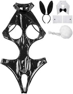 Women's Sexy Bunny Girl Cosplay Costume Wetlook Cutout Bodysuit Naughty Rabbit Lingerie Set