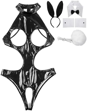 Women's Sexy Bunny Girl Cosplay Costume Wetlook Cutout Bodysuit Naughty Rabbit Lingerie Set