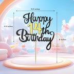 14th Happy Birthday Cake Topper, Glitter Happy 14th Birthday Cake Topper for Birthday Party Cake Decoration(Black with Gold)