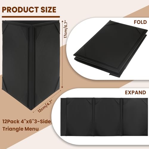 12 Pack Table Tent Triangle Menu Holders 4x6 Inch, 3-Sided PU Leather Menu Covers for Restaurant, Bar, Cafe, Wedding
