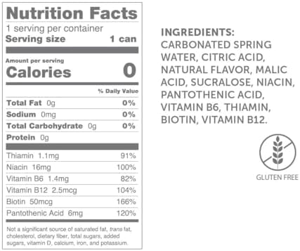 Get More Vits B Vitamins Sparkling Spring Water – Apple & Raspberry, 12 x 330ml Cans – Zero Sugar, Low Calorie Energy Drink – 100% Daily Dose of 6 B-Vitamins (B12, B6, B1, B3, B5, B7) – Vegan & Gluten