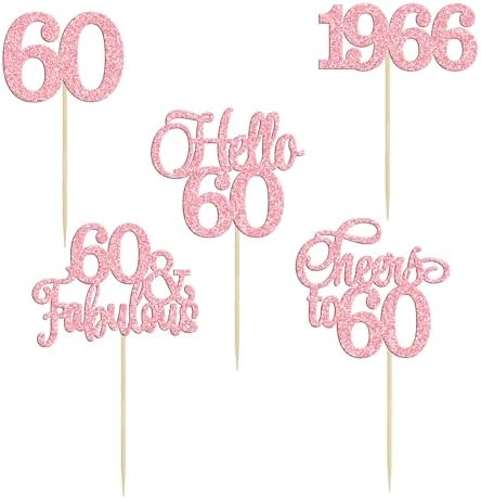 Gyufise 30Pcs 60th Birthday Cupcake Toppers 60 Fabulous Cupcake Picks Cheers to 60 1966 Cake Decorations for Happy 60th Birthday Wedding Anniversary Party Decoration Supplies Pink