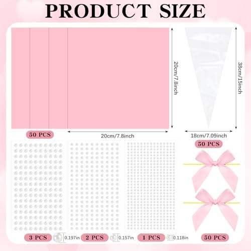 Yexiya 156 Pcs Pink Bow Cone Cellophane Bag Set DIY Sweet Cones Shaped Treat Bags Pink Card Paper, Bow and Pearl Patches for Party Favors Sweet Snack Popcorn Packing Gift
