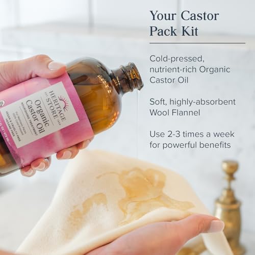HERITAGE STORE Organic Castor Oil Pack Wrap Kit - Soothing Castor Oil Packs, Heat Compress for Abdomen, Joints, Overall Health - 16oz Cold Pressed Organic Castor Oil and 12 x 27 in. Wool Flannel Cloth