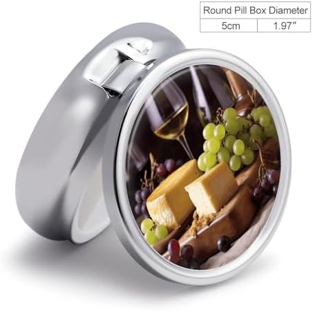 White Wine Cheese Cake Grapes Round Pill Box Unique 3 Compartment Pill Case Portable Fish Oil Cases Cute Small Round Pill Boxes with Mirror for Vitamins Medication Supplements