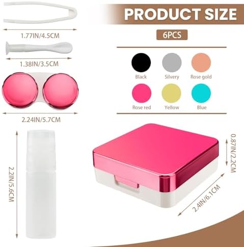 6 Pack Mirrored Surface Contact Lens Case, Travel Eye Contact Case Holder with Mirror, Remover Tool, Tweezers & Solution Bottle, Portable Lens Container Storage for Outdoor Daily