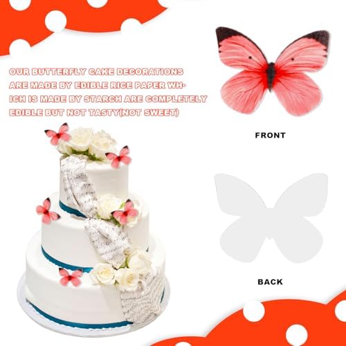 Edible Butterfly Cake Decorations - Edible Butterflies Set of 50Pcs for Cake Decorating, Edible Wafer Paper Butterflies Cupcake Toppers for Wedding Anniversary Birthday Party Decorating (Red)