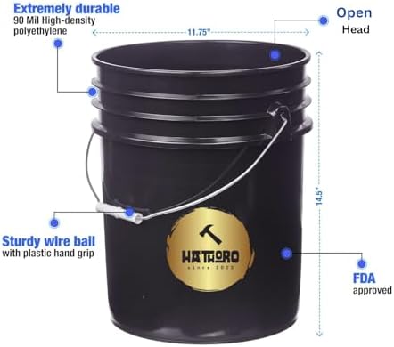 5 Gallon Food Grade Plastic Bucket, Open Head Pail with Handle, 12-3/8 in Diameter x 14-3/4 in Height (Black, 1 Pack)
