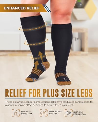 Doctor's Select Copper Plus Size Compression Socks Wide Calf - 2 Pairs | 20-30mmHg Extra Wide Calf Compression Sock Women |Traveling & Running | Tan /cppr-3XL