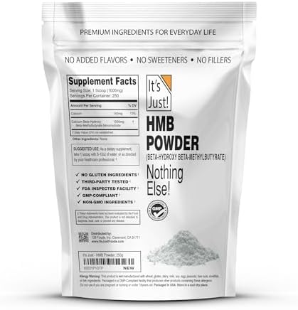 It's Just! - HMB Powder, 250g, Beta-Hydroxy Beta-Methylbutyrate, as Calcium HMB, Batch Tested Gluten Free, Non-GMO, Heavy Metal Tested, Keto Friendly (Unflavored, 250g)