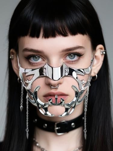 Cyber Punk Half Mask for Women Men Y2K Metal Face Mask Liquid Irregular Cyborg Face Chain Cosplay Jewelry Gifts