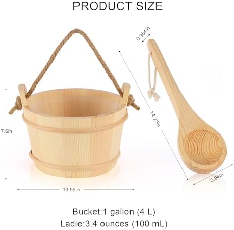 Wooden Sauna Bucket and Ladle Set, Handmade from Natural Pine with Rope Handle, 4L