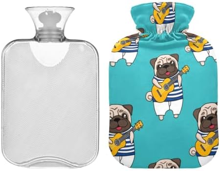 Pug Playing Guitar Hot Water Bottles with Soft Velvet Cover Hot Water Bag for Neck and Shoulder Pain Relief Small