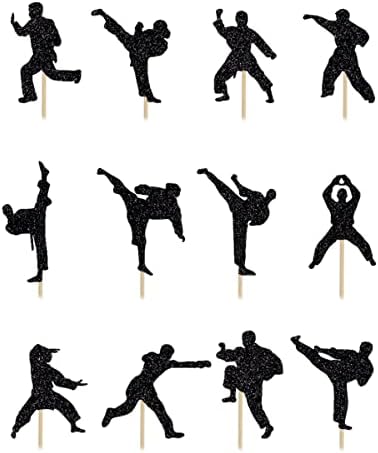 BIABISD 24 Piece Karate Cupcake Toppers Taekwondo Themed Cupcake Toppers Karate Happy Birthday Party Supplies Shiny Black Decorations