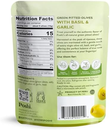 POSHI Green Pitted Olives - Basil & Garlic | Vegan, Kosher, Gluten Free + Keto Friendly, Fresh, Low Calorie Healthy Snacks | (30 Pack, 1.1oz Bags)