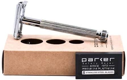 Parker 29L Chrome, Long Handle Butterfly Open Double Edge Safety Razor for Men & Women, 5 Parker Premium Platinum Double Edge Razor Blades Included