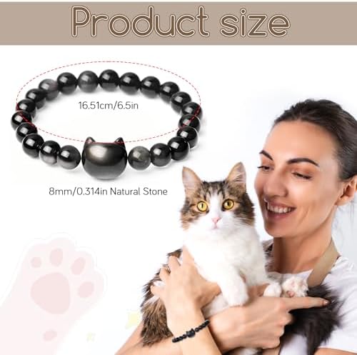 Attraction Cat Bracelet Crystal Black Cat Bracelet Black Obsidian Women Bracelets Natural Stone Beaded Bracelets Cute Protection Stretch Jewelry Good Luck Jewelry for Women Men