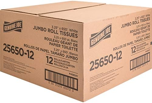 Genuine Joe Jumbo Roll Bath Tissue - 2-Ply White Toilet Paper, 3.3" x 650' per Roll, 12 Count Bulk Pack, Recycled Fiber, Commercial Grade for Dispensers
