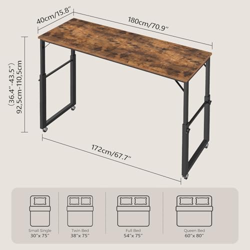 MAHANCRIS Overbed Table with Wheels, Mobile Bed Desk for Queen Size, 36"-43.5" Adjustable Height Rolling Table, Recliner Desk, Mobile Cross Bed for Bedroom, Living Room, Office, Rustic Brown MTHR18001