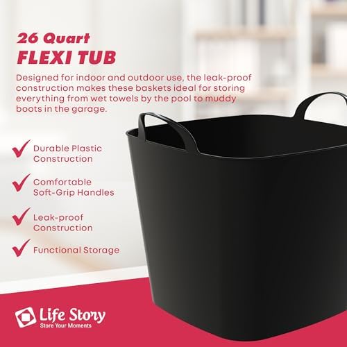 Life Story Flexi Tub, Versatile 26 Quart Storage Tote, Flexible Plastic Home Organizer Lightweight Basket with Carrying Handles, Black