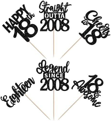 24PCS Black 18th Birthday Cupcake Toppers Eighteen Happy 18th Straight Outta 2008 Cupcake Picks Cheers to 18 Lengend Since 2008 Cake Decorations for 18th Birthday Anniversary Party Supplies