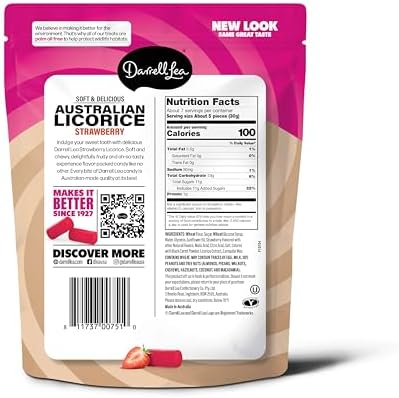 Darrell Lea Soft Australian Licorice, Non-GMO, No Palm Oil, Vegetarian Friendly, No High Fructose Corn Syrup, Soft & Chewy Licorice Candy, Made in Australia (Strawberry, 7 Ounce (Pack of 8))