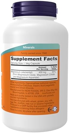 NOW Foods Supplements, Magnesium 400 mg, Enzyme Function*, Nervous System Support*, 180 Veg Capsules