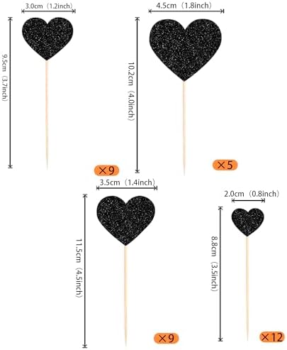 35 Pack Heart Cupcake Toppers Glitter Love Heart Valentine Cupcake Picks for Valentine's Day Theme Wedding Engagement Bridal Shower Birthday Party Cake Decorations Supplies Black