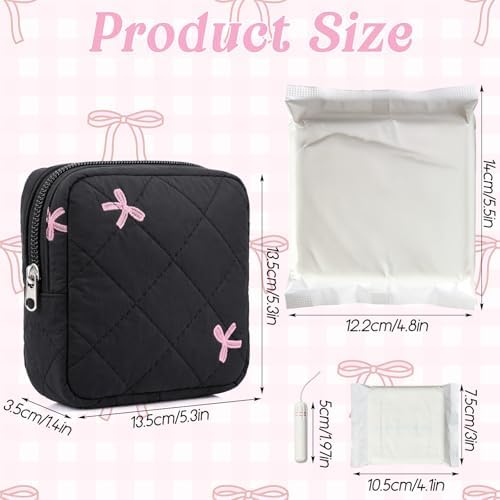 Period Bag for Teens Women, Sanitary Napkin Storage Bag & Tampon Holder, Bow Tie Compact Pad Pouch for Purse (Black)