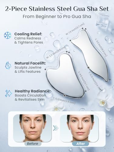 Rena Chris Stainless Steel Gua Sha Set, Guasha Tool for Face and Body Massage, Gua Sha and Acupuncture Massage Tools for Jawline Sculpting, Eye Puffiness & Muscle Relief (2 Pack)