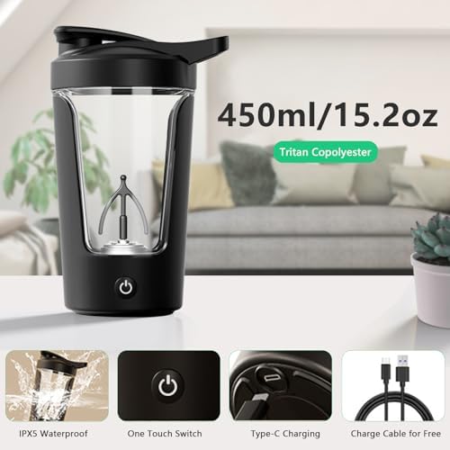 VEREMUND Electric Shaker Bottle, 15oz Portable Coffee Bottle, Leak proof Protein Mixing Cup, USB Rechargeable Shaker Cups for Protein,Milk,Meal Replacement Shakes, Made with Tritan