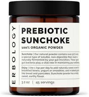 Erbology Organic Jerusalem Artichoke Powder 3.2 oz - 45 Servings - Sunchoke - 50% Prebiotic Inulin Fiber - Supports Gut Health and Promotes Diverse Microbiome - Feed Good Bacteria - Gluten-Free