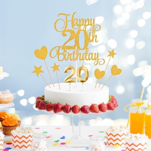 20th Birthday Cake Decorations, 20th Birthday Candles Cake Numeral Candles and Glitter Happy 20th Birthday Cake Toppers Set for Birthday Party Supplies (Gold)